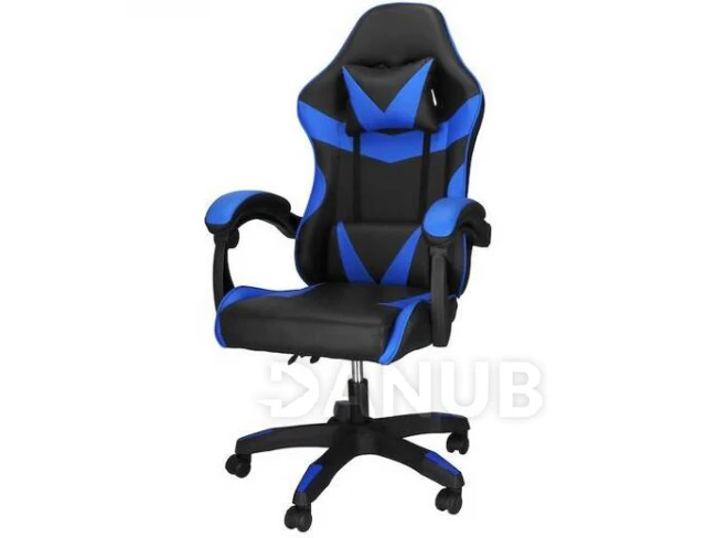 Játék-/iroda szék állítható háttámlával, forgatható - öko-bőr - fekete/kék