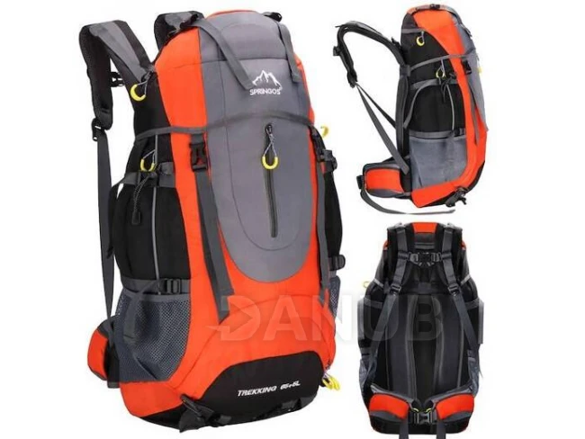 Multifunkcionális túrahátizsák köpennyel és síppal - 65L + 5L - szürkésnarancssárga Multifunkcionális túrahátizsák köpennyel és síppal - 65L + 5L - szürkésnarancssárga