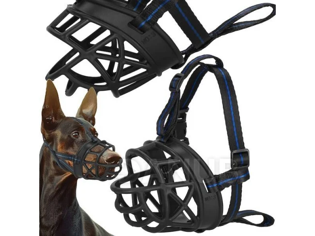 Szájkosár kutyának, M méret, állítható fekete és kék pántokkal
