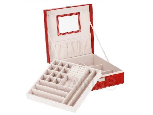 Ékszerdoboz rekeszekkel - 26x26x8,5 cm - piros öko-bőr