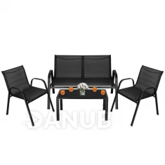 Kerti bútor szett: kanapé, 2 szék és asztal üveglappal - fekete 