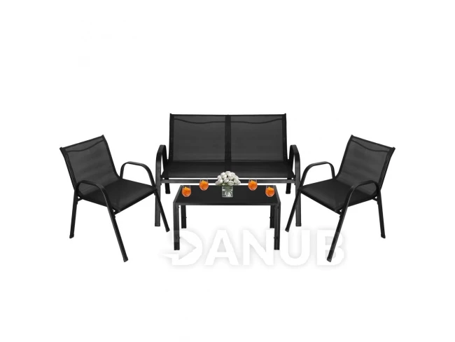 Kerti bútor szett: kanapé, 2 szék és asztal üveglappal - fekete 
